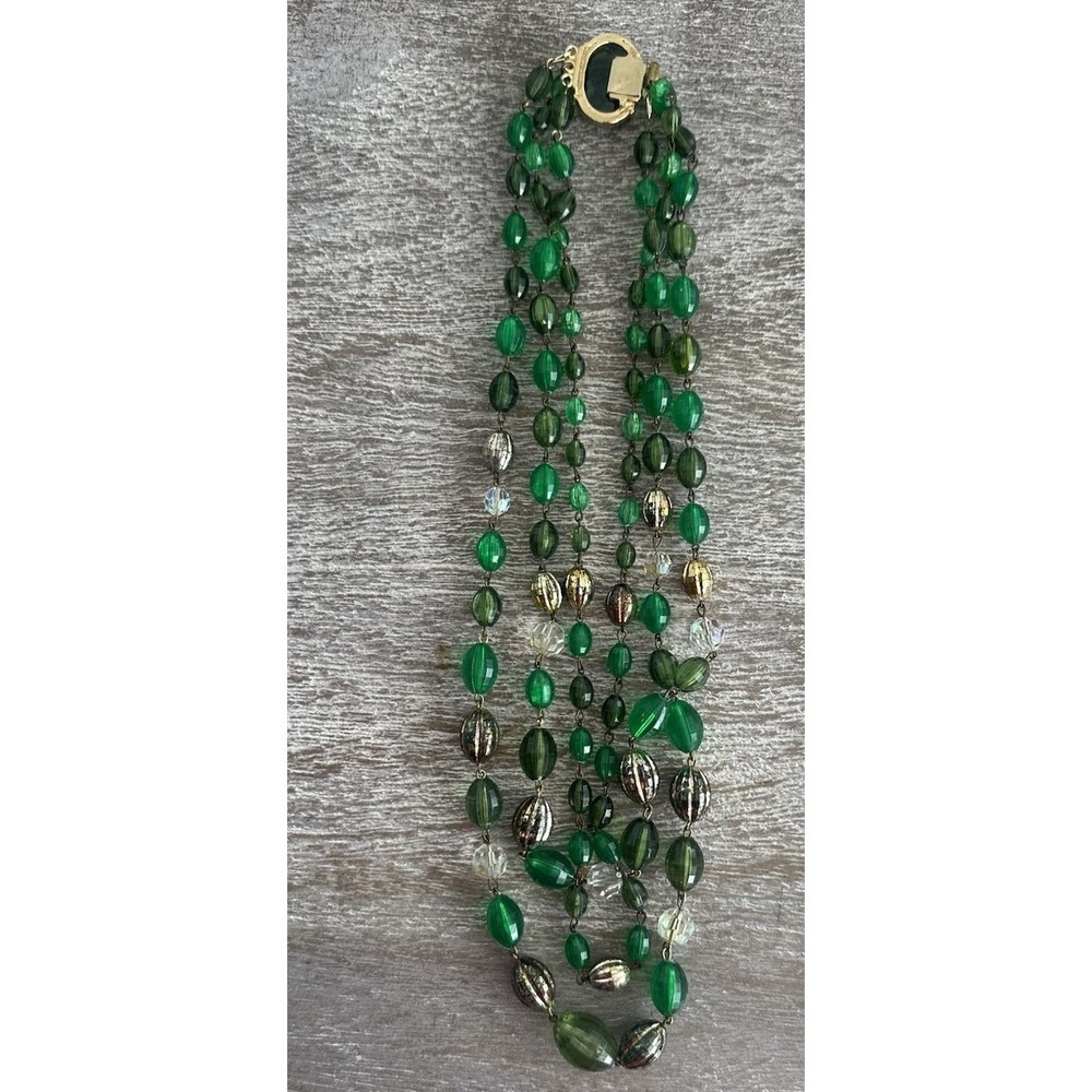 Vintage Green Art Glass & Aurora Borealis Crystal Beaded Triple Strand Necklace